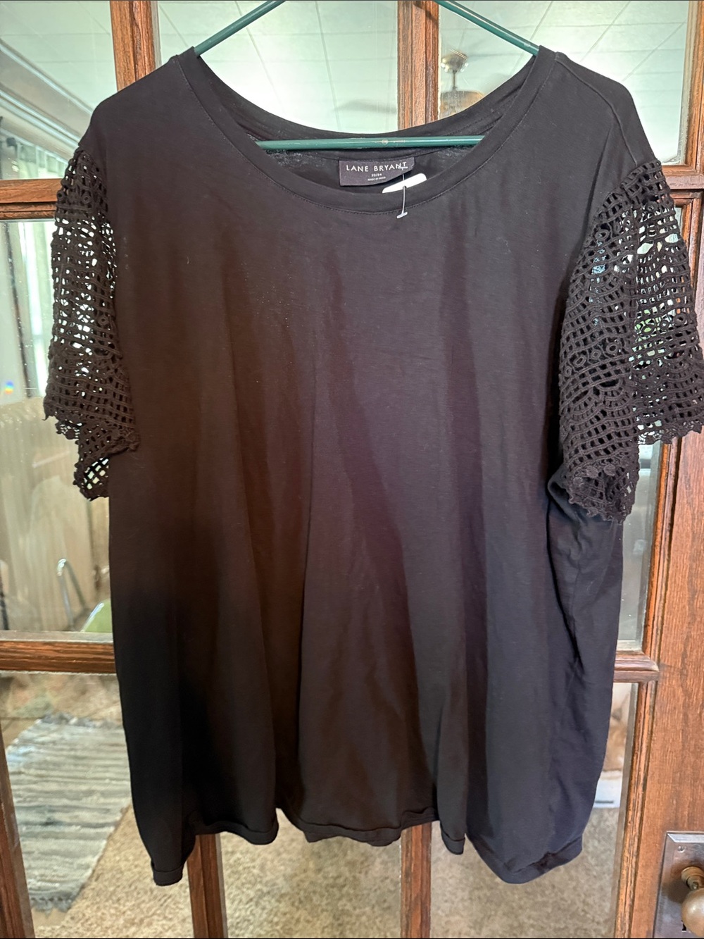 Lane Bryant Black Short-Sleeve Top with Crochet Lace Sleeves